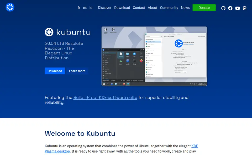 The kubuntu.org home page, showing the Kubuntu 26.04 LTS release with a KDE Plasma desktop