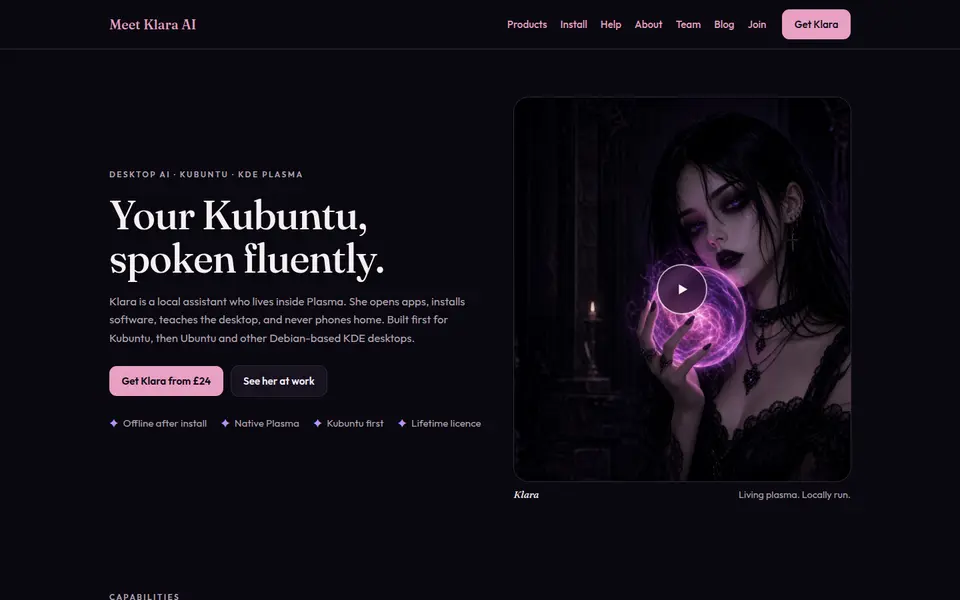 The meetklara.ai home page, introducing Klara, a local AI assistant for Kubuntu and KDE Plasma