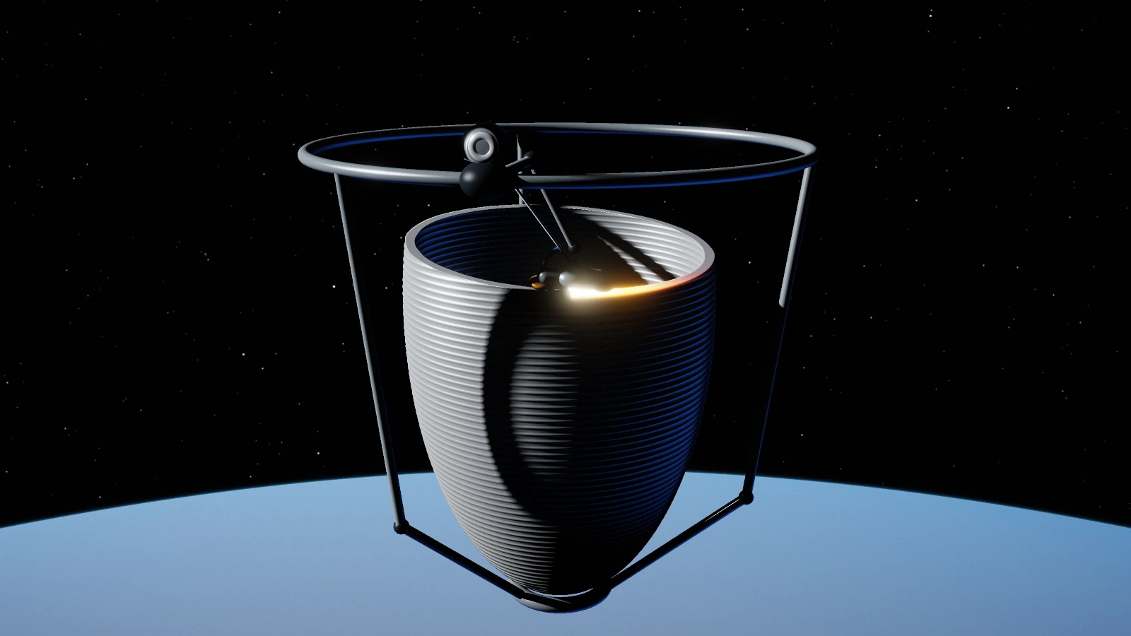 A partly printed elliptical metal shell in orbit, with a print head on its open upper rim laying a glowing bead of wire, and cooled grey layers spiralling down the completed lower half.