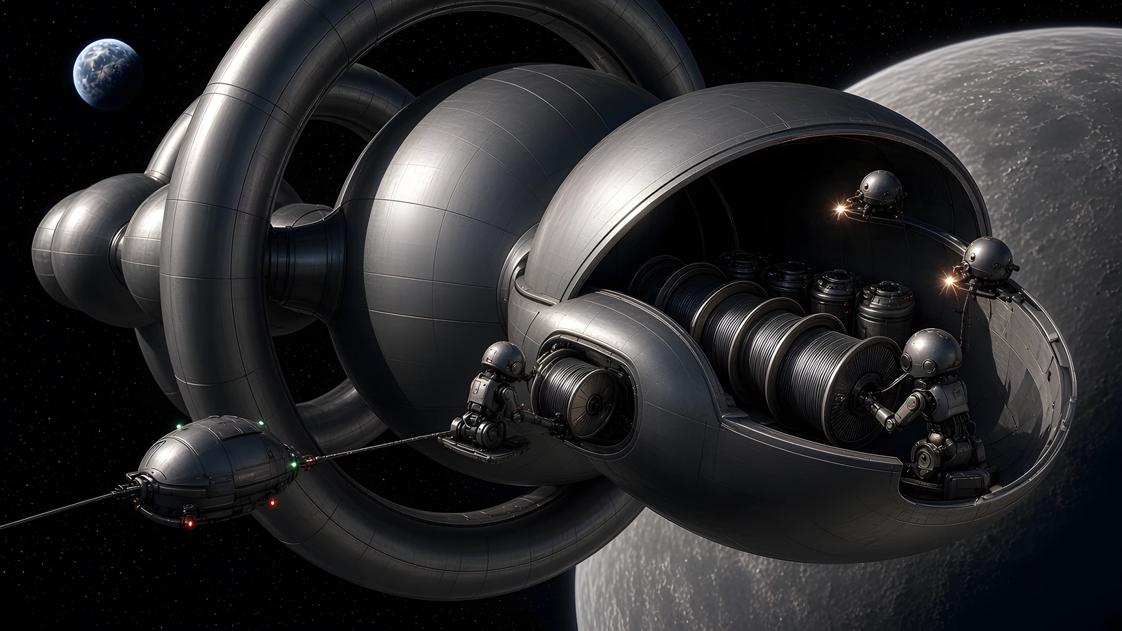 A tethered cargo drone delivers wire feedstock to the open front shell of an all-curved ship with toroidal rings, where robotic handlers load large wire spools and canisters into the hold and printer bots work the rim; the Moon sits behind the ship and Earth is small at upper left.