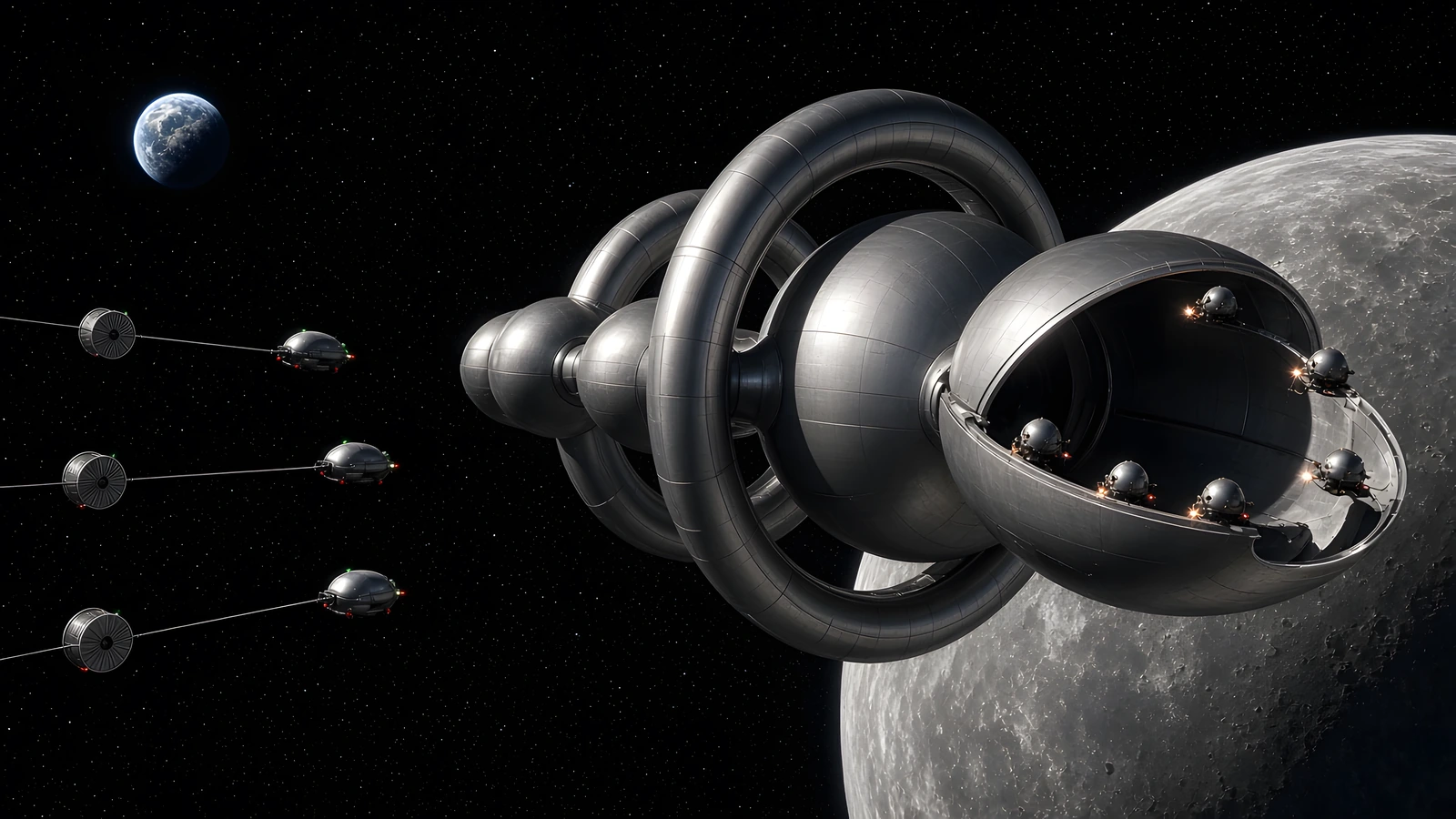 An all-curved interstellar ship of polished metal spheres and two large toroidal rings, with an open ellipsoid shell at its front where small robotic printers sit along the rim, each lit by a tiny melt point. Three drones on the left tow wire spools on tethers towards the ship, the Moon fills the right of the frame and a small Earth hangs at upper left.