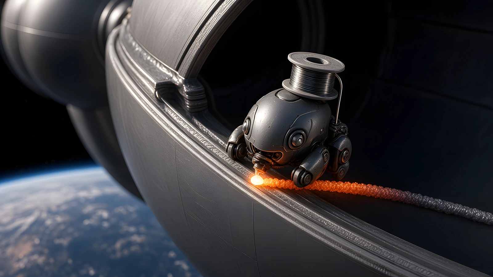 Close-up of a small domed printer bot crawling along the rim of a curved metal hull, a wire spool on its back feeding a nozzle that holds a tiny orange-white melt point; the fresh bead behind it glows orange and cools to grey along the rim, with Earth curving away below.